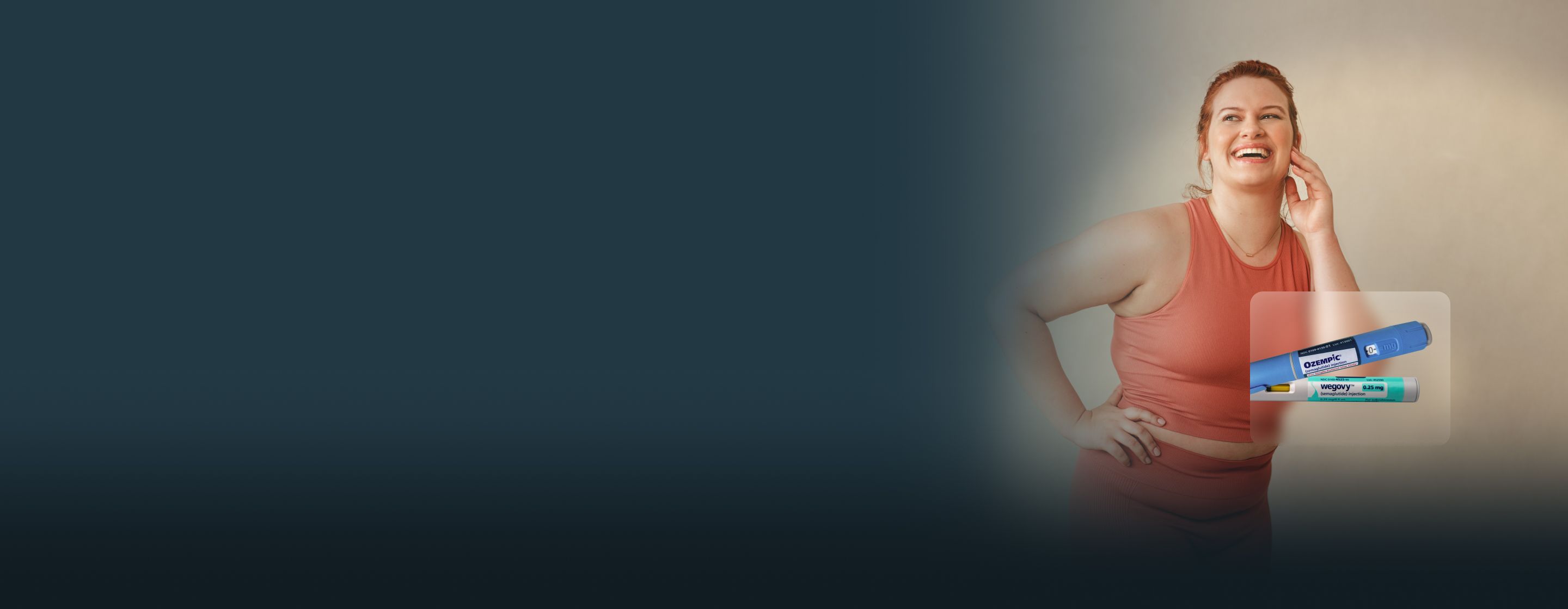 A smiling woman with Ozempic and Wegovy