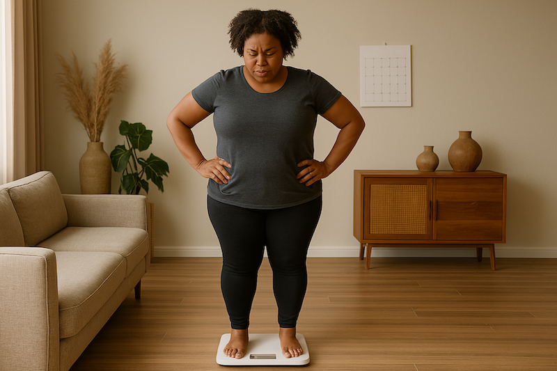 Frustrated woman standing barefoot on a digital scale