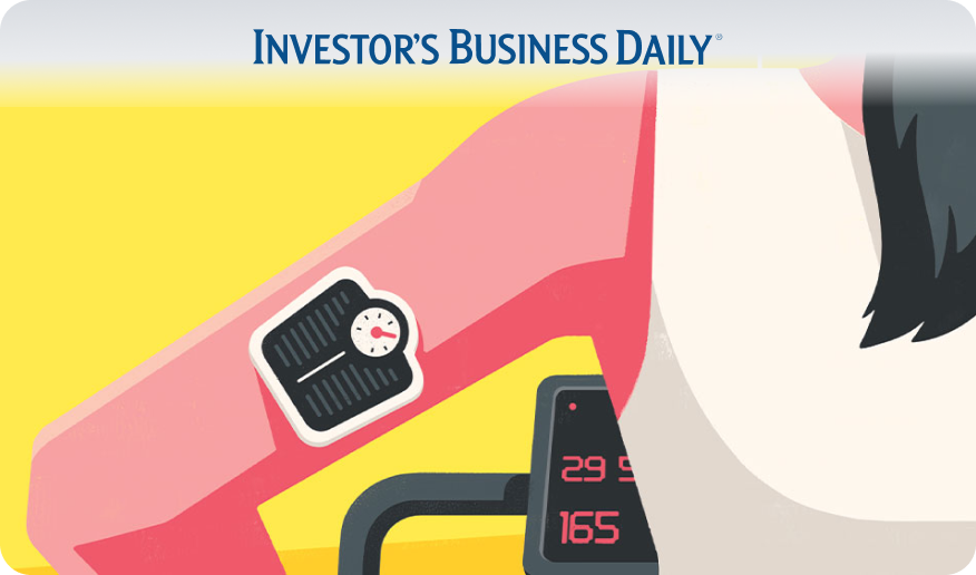 An illustration of a woman wearing a continuous glucose monitor on a treadmill