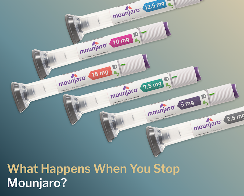 Seis frascos de Mounjaro en diferentes dosis de 2.5 a 15 mg, dispuestos sobre un fondo azul degradado, con un texto que dice “¿Qué sucede cuando dejas de tomar Mounjaro?”