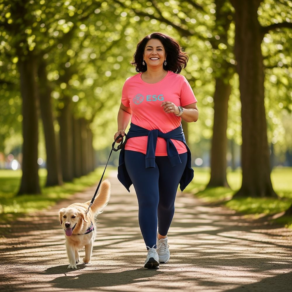 A woman jogs confidently down a sunlit, tree-lined path, radiating energy and joy.