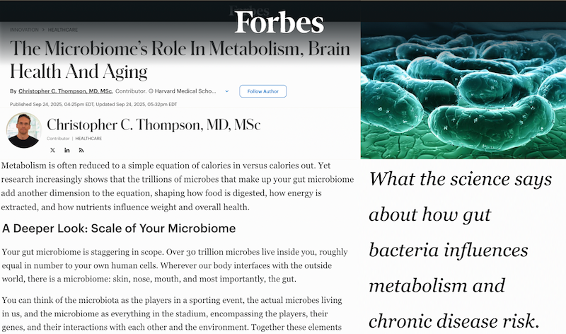 Artículo de Forbes sobre cómo el microbioma intestinal afecta el metabolismo, la salud cerebral, el envejecimiento y el riesgo de enfermedades crónicas.