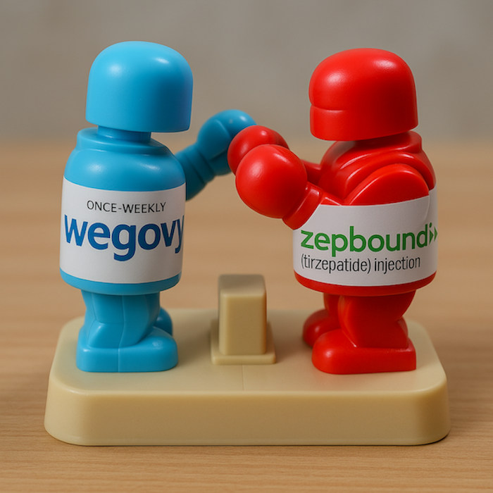 Combate de boxeo de juguete entre figuras de Wegovy (azul) y Zepbound (rojo), simbolizando una comparación cara a cara