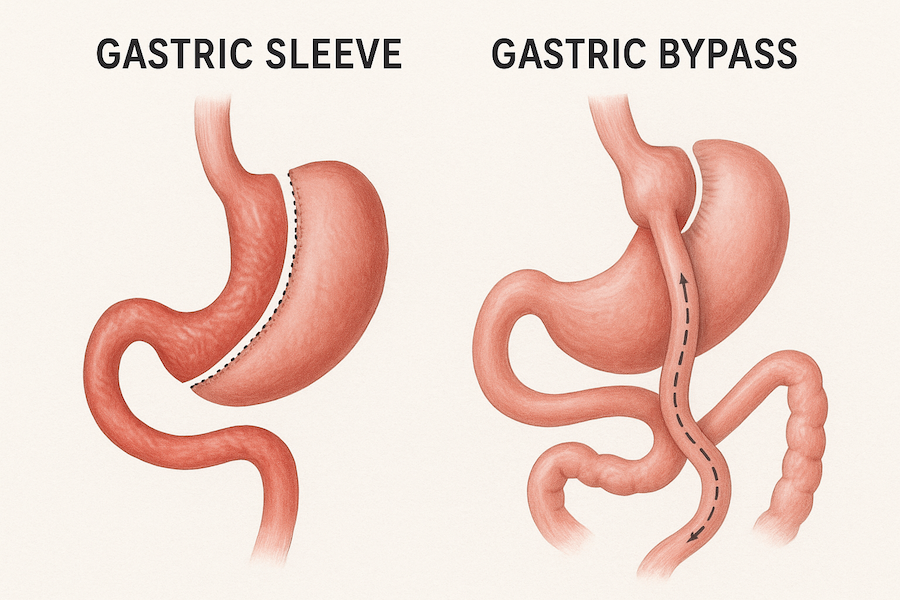 Diagramas de gastrectomía en manga y de bypass gástrico