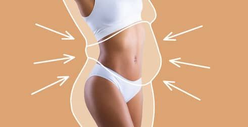 Illustration showing a woman's body with arrows indicating areas of weight loss and body contouring.
