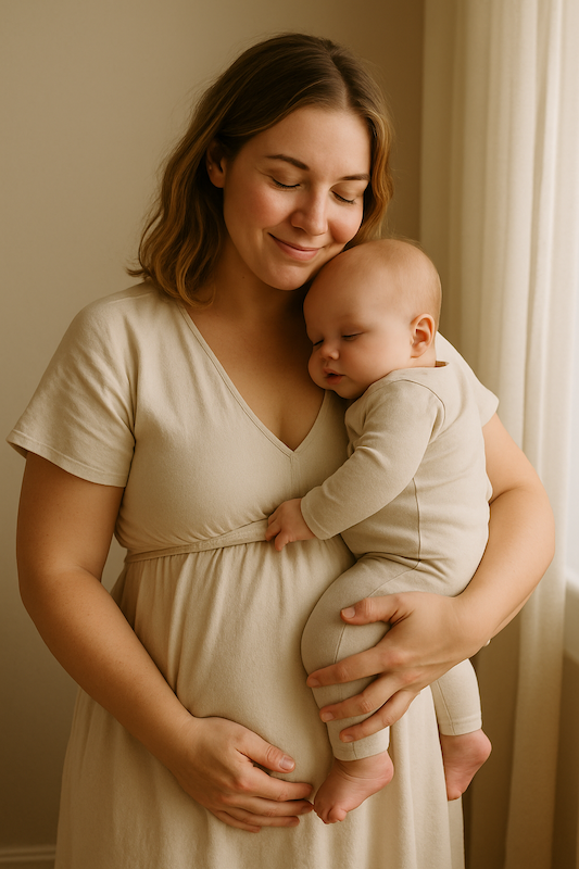 A realistic, styled photo of a healthy, confident postpartum woman dressed in soft everyday clothing, smiling while holding her baby in a warm, natural setting